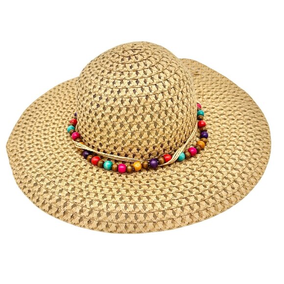 Wide Brim Straw Sun Hat With Multicolor Beaded Band One Size Lightweight Stylish - Picture 1 of 8